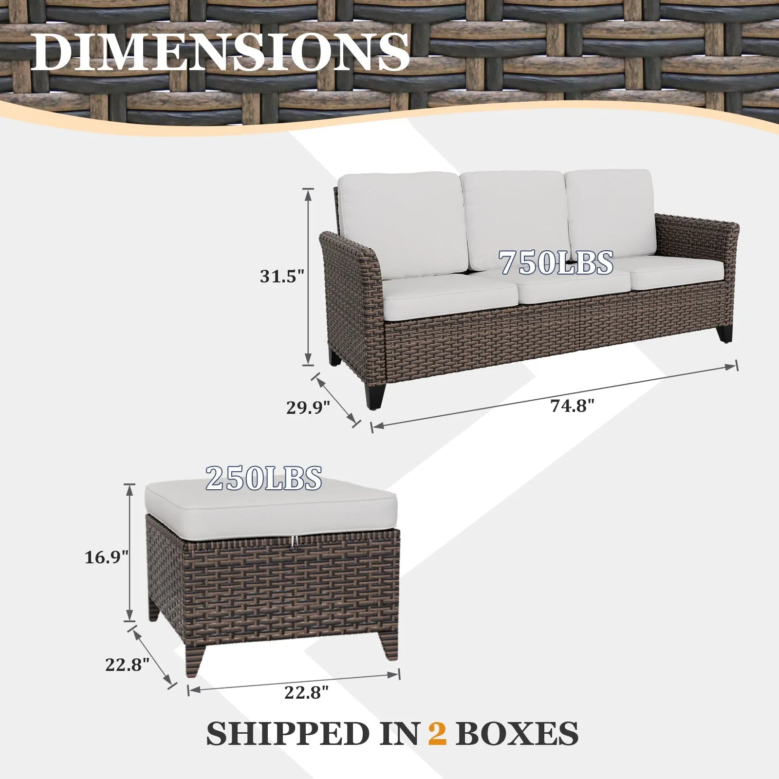 Ocean Vista Outdoor Wicker Couch Sofa with 2 Ottomans, Set of 3