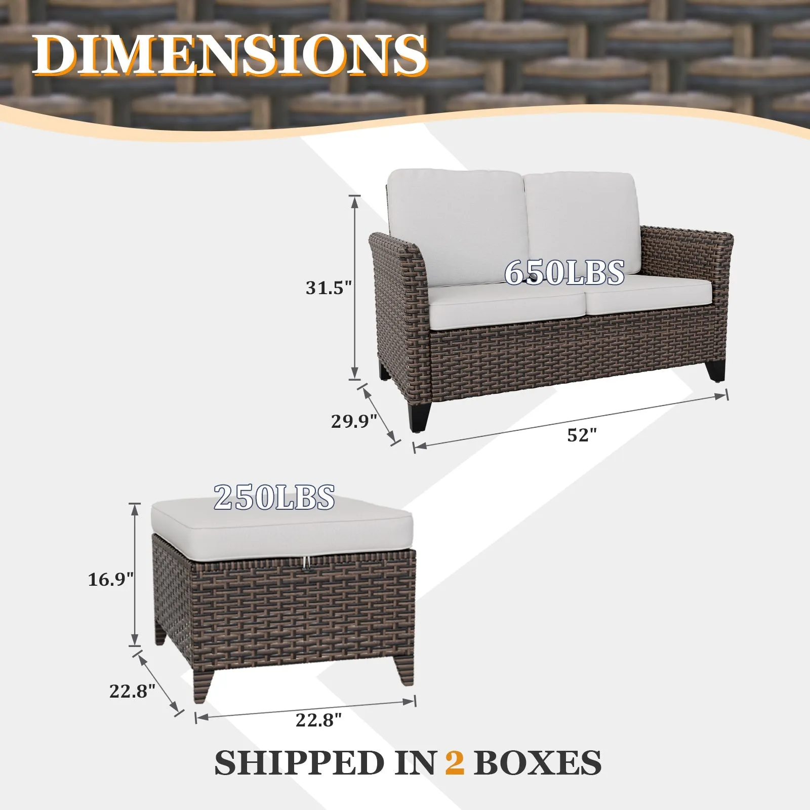 Ocean Vista Outdoor Wicker Loveseat Sofa with 2 Ottomans, Set of 3
