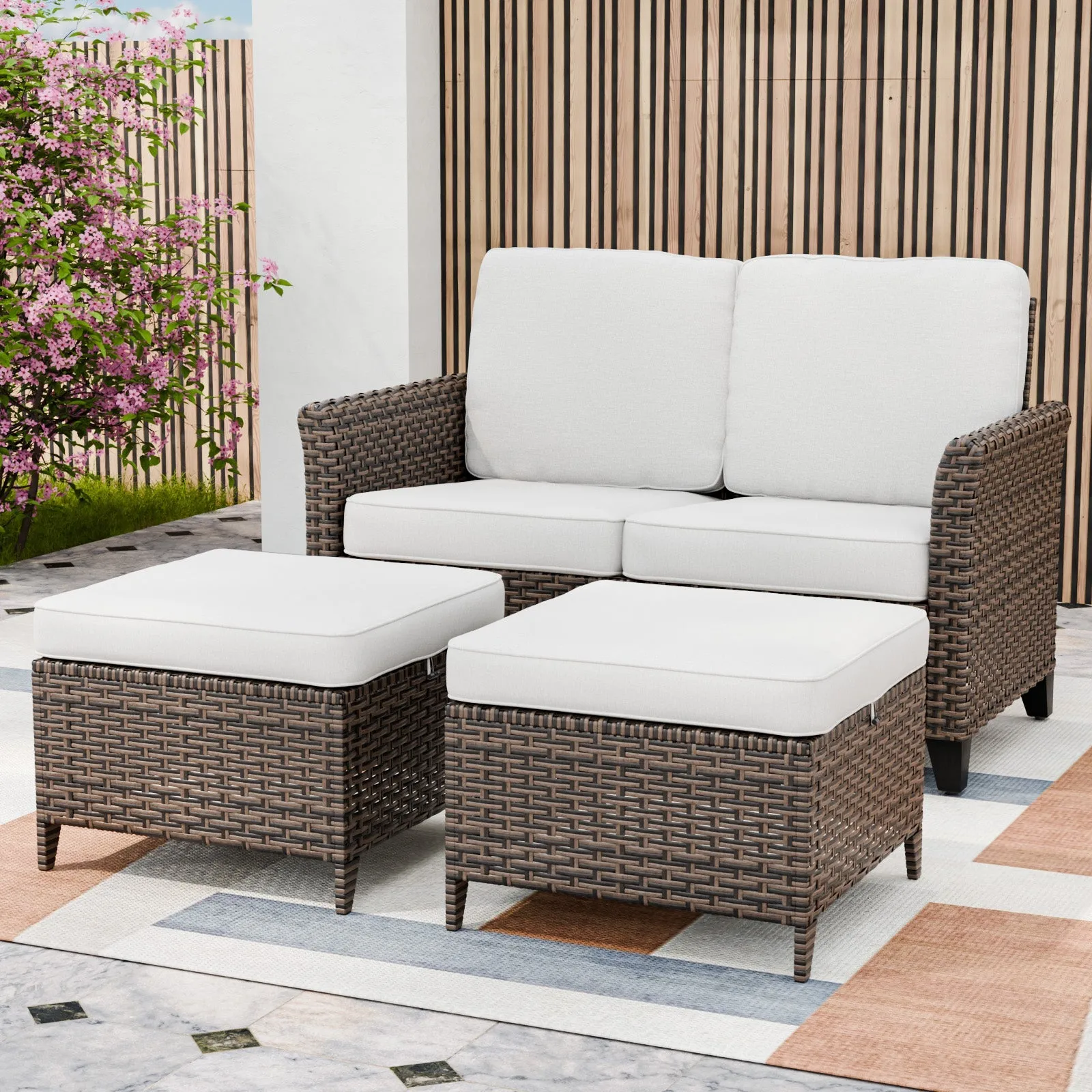 Ocean Vista Outdoor Wicker Loveseat Sofa with 2 Ottomans, Set of 3