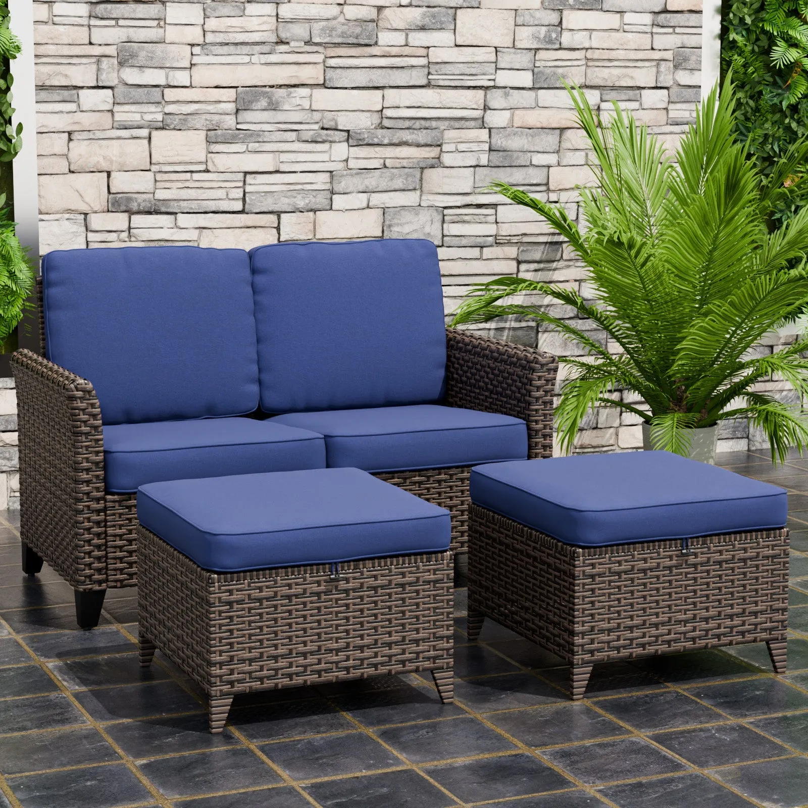 Ocean Vista Outdoor Wicker Loveseat Sofa with 2 Ottomans, Set of 3