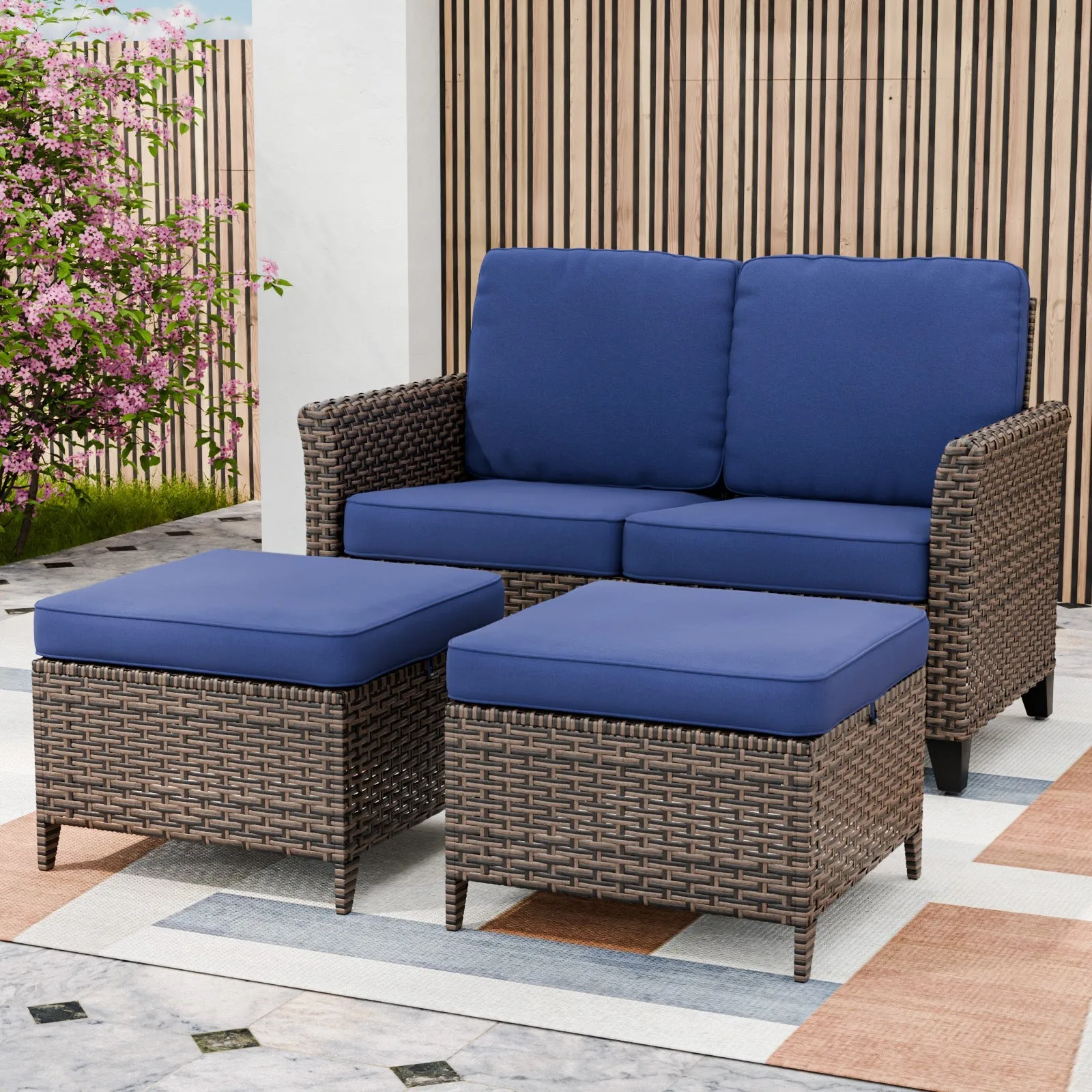 Ocean Vista Outdoor Wicker Loveseat Sofa with 2 Ottomans, Set of 3
