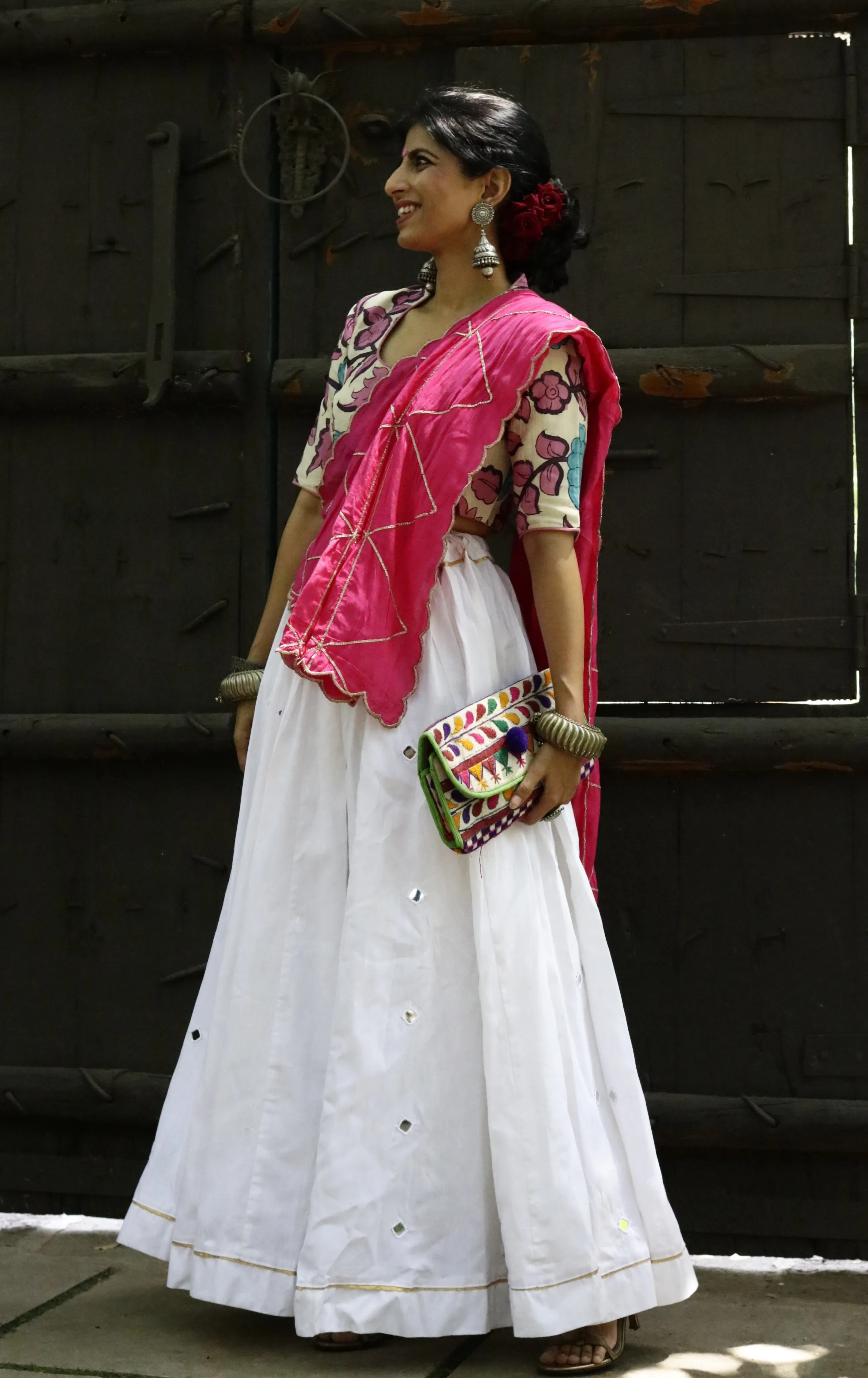 'Taj Mahal' Mirror Work Cotton Lehenga : Festive Ivory Colour Navratri Kutch Lehenga With Mirror Work